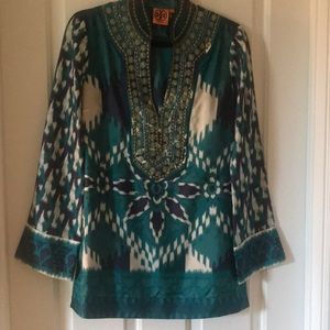 NWOT Tory Burch blue green silk ikat print tunic sz 4